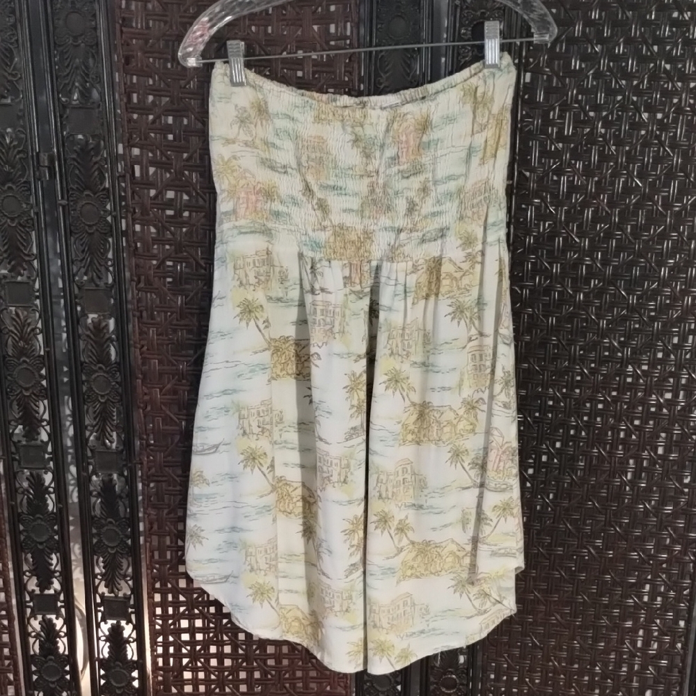 raya sun Smocked Dress Top Cover Up White Green Tan Large Postcard Island Print